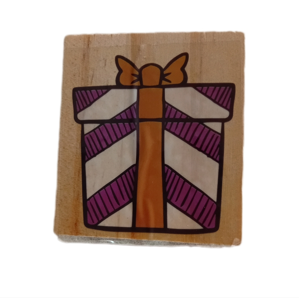 Gift Box Rubber Stamp with Purple and Gold Design